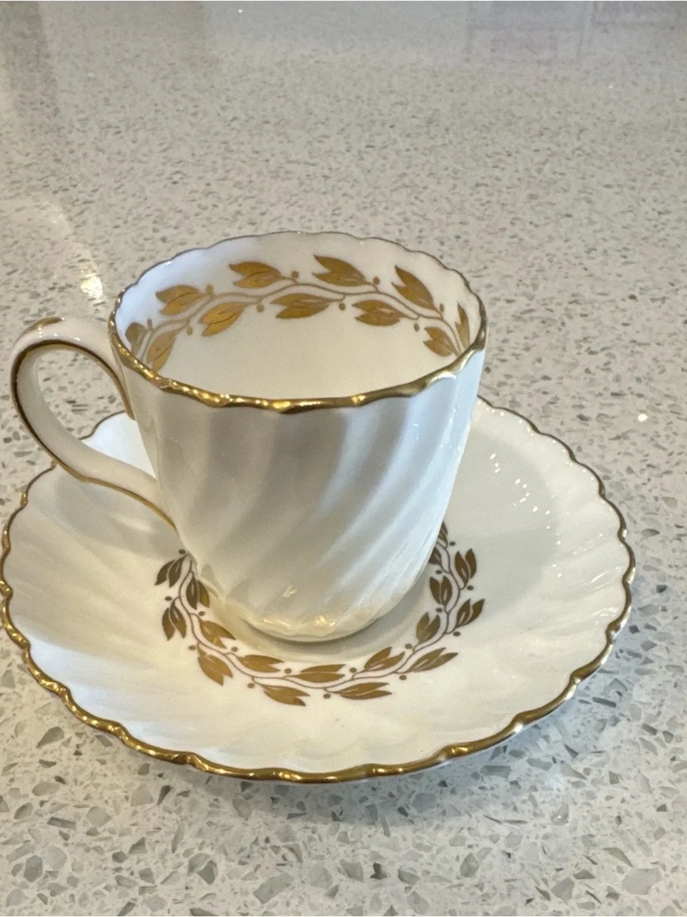 White Porcelain Teacup & Saucer with Gold Leaf Accent